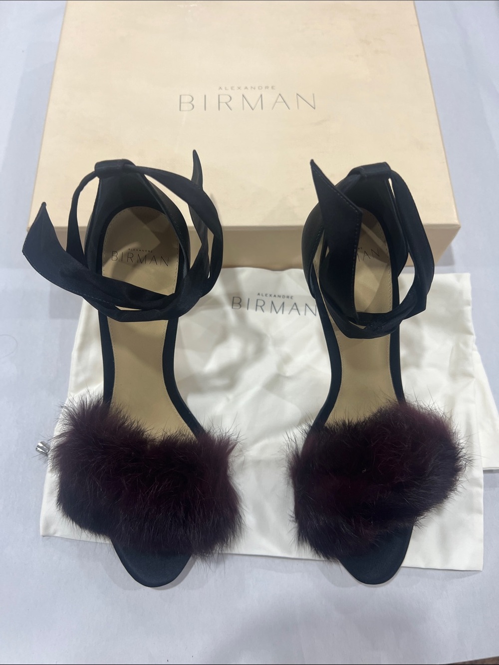 Alexandre Birman Black Ankle-Tie Sandals with Plum Fur Toe